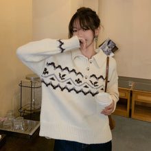 Load image into Gallery viewer, College Style Retro POLO Collar Pullover Jacquard Sweater Female Student Korean Version Loose Knit Sweater Coat Jacket