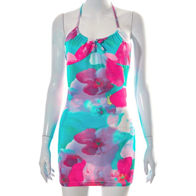 Colorful Beach Wear Tie Dye Flower Halter Dresses Bodycon Backless Sleeveless Printing Casual Female Tank Minidress Mujer