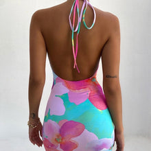 Load image into Gallery viewer, Colorful Beach Wear Tie Dye Flower Halter Dresses Bodycon Backless Sleeveless Printing Casual Female Tank Minidress Mujer