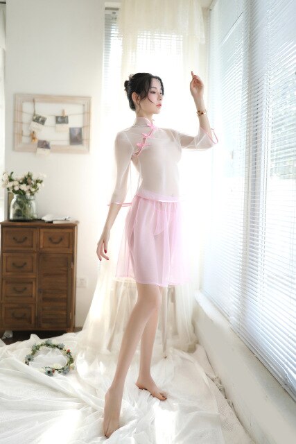 Colorful Sexy Lingerie Cheongsam Split Skirt Elegant Suit Transparent Mesh Retro Night Club Republic Cosplay Women Clothing