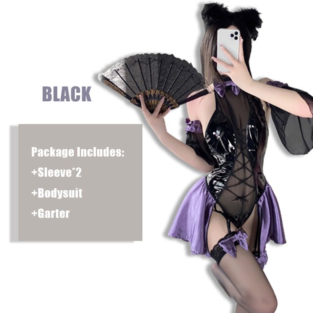 Cosplay Halloween Maid Dress Backless Latex Bodysuit Leather Halter Neck Mesh Patchwork Sexy Pajama Lingerie Anime Costumes Set