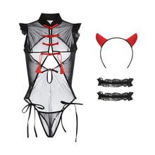 Load image into Gallery viewer, Cosplay Little Devil Onesie Suit Women Sexy Lingerie Set Porno Retro Hollow Net Transparent Bodysuit Erotica Stripper Clothes