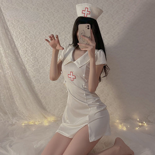 Cosplay Nurse Uniform Women Sexy Lingerie Set Slutty Skirt Hat Suit Female Porno Slit Dress Adult Exotica Sex Nightdress