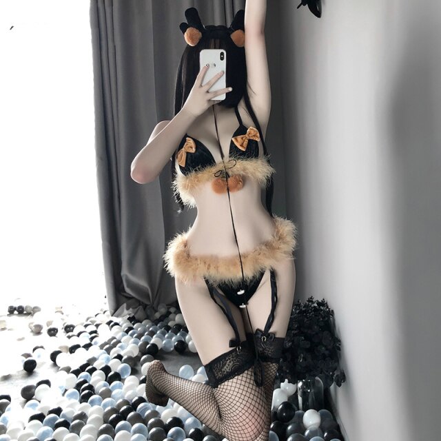 Costumes for Women Adult Stripper Outfit Maids Outfit Cute Plush Three-point Elk Uniform Bunny Girl Acting Bra and Garter Set