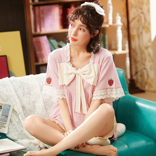 Cotton Home Suits M-XXL Sleepwear Strawberry Print Pajamas for Women Summer 2021 Pyjamas Girls Pijama Short and Short Sleeve