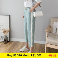 Load image into Gallery viewer, Cotton Linen Ankle Length Pants Women&#39;s Summer Autumn Casual Trousers Pencil Leisure Fashion Striped Women Pant Black Green Pink