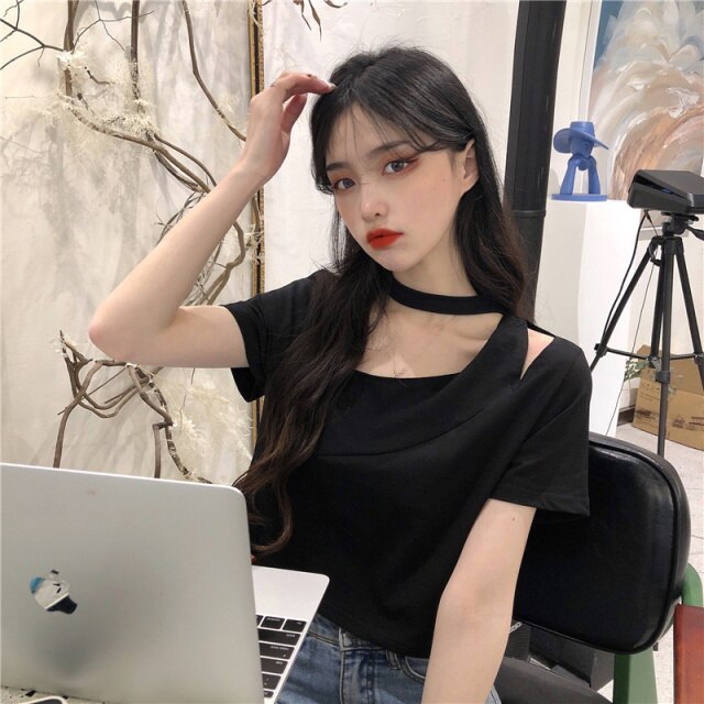 Cotton Summer New Hollow-out Design Sense Niche Short-Sleeved T-shirt Female Western Top Plus Size Streetwear Korean Clothes