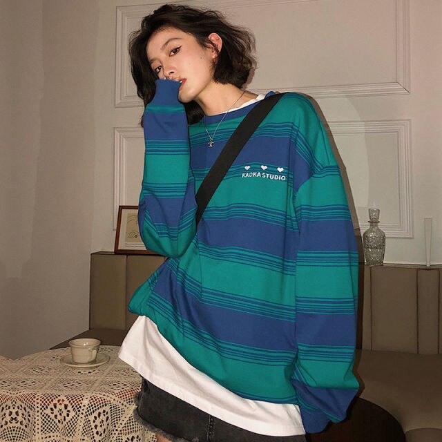 Cotton Sweaters Female Casual Stripe Embroidered Letter O-neck Knitted Tops 2021 Autumn New Korean Loose Slim Vintage Pullovers