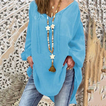 Load image into Gallery viewer, Cotton Womens Tops And Blouses Plus Size Long Sleeve V Neck Female Tunic Beach Shirts Casual Puff Sleeve