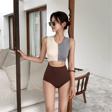 Load image into Gallery viewer, Cut Out One Piece Swimsuit Solid Patchwork Swimwear Women Push Up Monokini Zipper Trikini High Neck Bathing Suit Pad Swim Suits