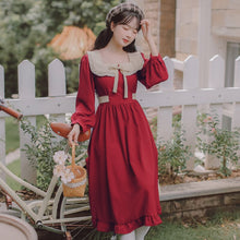Load image into Gallery viewer, Cute Elegant Dress Long Sleeve Female Fall Bow Lotus Leaf Stitching Doll Collar Sweet Soft Sister Kawaii Dress Red Vintage Dress