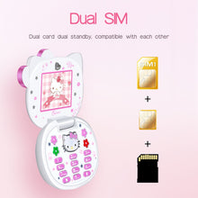 Load image into Gallery viewer, Cute Mini Girl Hello Kitty Mobile Phone Quad Band Flip Cartoon Unlocked Kids Children Dual Sim CellPhone  Gift Lanyard