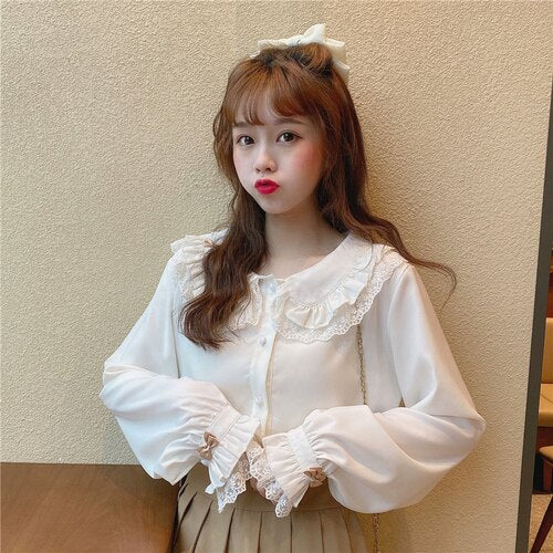 Cute Peter Pan Collar Blouses Women 2022 Single Breasted Solid Long Sleeve Sweet Tops Patchwork Fungus Lace Shirts Spring