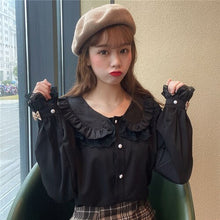 Load image into Gallery viewer, Cute Peter Pan Collar Blouses Women 2022 Single Breasted Solid Long Sleeve Sweet Tops Patchwork Fungus Lace Shirts Spring