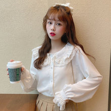 Load image into Gallery viewer, Cute Peter Pan Collar Blouses Women 2022 Single Breasted Solid Long Sleeve Sweet Tops Patchwork Fungus Lace Shirts Spring