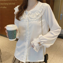 Load image into Gallery viewer, Cute Peter Pan Collar Blouses Women 2022 Single Breasted Solid Long Sleeve Sweet Tops Patchwork Fungus Lace Shirts Spring