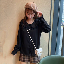 Load image into Gallery viewer, Cute Peter Pan Collar Blouses Women 2022 Single Breasted Solid Long Sleeve Sweet Tops Patchwork Fungus Lace Shirts Spring