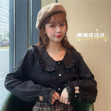 Load image into Gallery viewer, Cute Peter Pan Collar Blouses Women 2022 Single Breasted Solid Long Sleeve Sweet Tops Patchwork Fungus Lace Shirts Spring