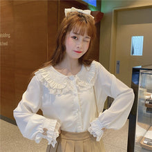 Load image into Gallery viewer, Cute Peter Pan Collar Blouses Women 2022 Single Breasted Solid Long Sleeve Sweet Tops Patchwork Fungus Lace Shirts Spring