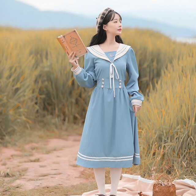 Cute Sweet Embroidered Dress Japanese Soft Girl Blue Vestidos Female Autumn Navy Collar College Style One Piece Dress Y2K Women