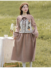 Load image into Gallery viewer, Cute Sweet Two Piece Set Women Outfits V-neck Crochet Vest Sweater Coat Ruffled Peter pan Collar Lovely Dress Gentle Suit Female