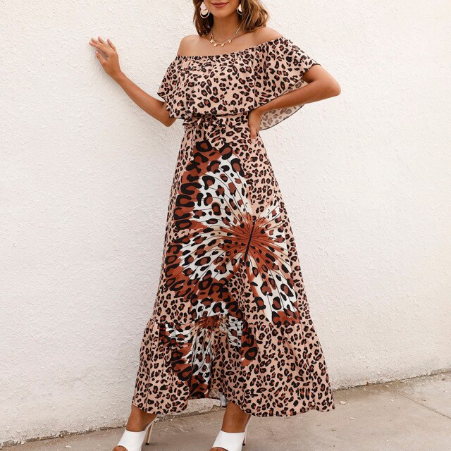 Cute Women Boho Dress Ruffle Printed Floral Leopard Off Shoulder Long Female Vestidos Loose Party High Waist Street Midi Dress