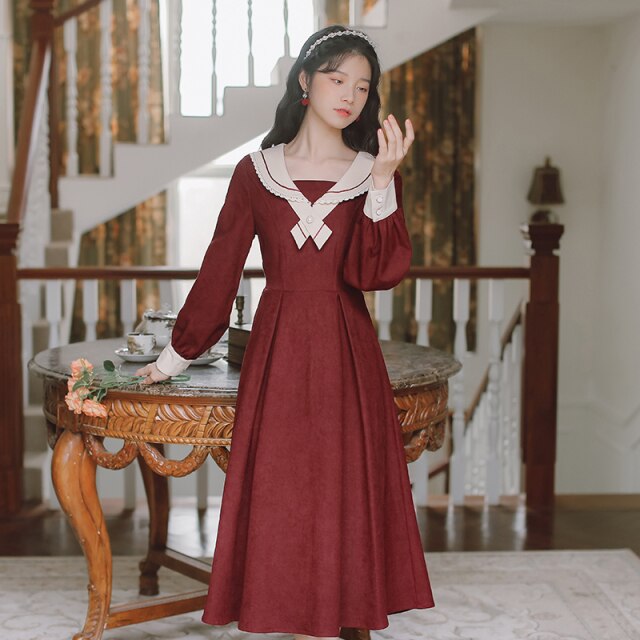 Cute and Sweet Japanese Kawaii Dress Women Fall 2021 Beaded Bowknot Cross Lace Peter pan Collar Dresses Lovely Women Clothing