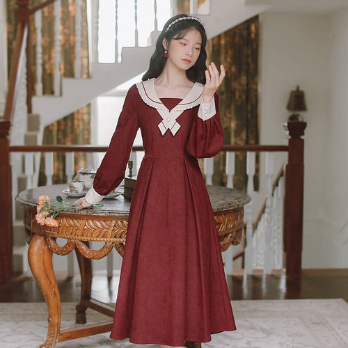 Cute and Sweet Japanese Kawaii Dress Women Fall 2021 Beaded Bowknot Cross Lace Peter pan Collar Dresses Lovely Women Clothing