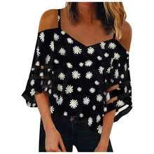 Load image into Gallery viewer, Daisy Print V Neck Elegant Blouse Shirt Women 2021 Summer Off Shoulder Flare Sleeve Mesh Patchwork Tops Femme Summer Blouses