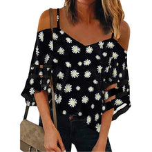 Load image into Gallery viewer, Daisy Print V Neck Elegant Blouse Shirt Women 2021 Summer Off Shoulder Flare Sleeve Mesh Patchwork Tops Femme Summer Blouses