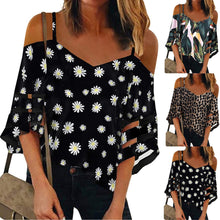 Load image into Gallery viewer, Daisy Print V Neck Elegant Blouse Shirt Women 2021 Summer Off Shoulder Flare Sleeve Mesh Patchwork Tops Femme Summer Blouses