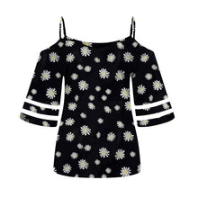 Load image into Gallery viewer, Daisy Print V Neck Elegant Blouse Shirt Women 2021 Summer Off Shoulder Flare Sleeve Mesh Patchwork Tops Femme Summer Blouses