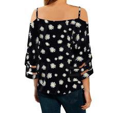 Load image into Gallery viewer, Daisy Print V Neck Elegant Blouse Shirt Women 2021 Summer Off Shoulder Flare Sleeve Mesh Patchwork Tops Femme Summer Blouses