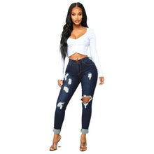 Load image into Gallery viewer, Dark Blue Women Jeans High Waist Sexy Hole Streetwear Denim Trousers High Stretch Skinny Lady Pencil Pants 2021 Summer Female