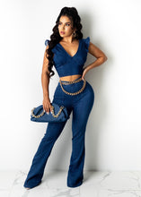 Load image into Gallery viewer, Deep Blue Women Sets Pants And Top Elegant Denim Short Sleeve Crop Tee Tunic High Waist Flare Leg Pant Trousers Party Night Wear