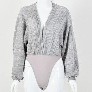 Deep V-Neck Pleated Sexy Bodysuit Women Fashion Long Sleeve Loose Women Rompers Spring Casual Bodysuit Jumpsuit 2021 Tops