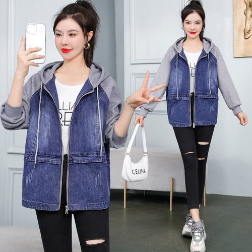 Denim Jacket Female Spring 2022 New Casual Fashion Loose Patchwork Casual Hooded Jeans Coat Top Befree Korean Fashion Outerwear
