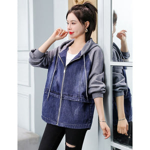 Denim Jacket Female Spring 2022 New Casual Fashion Loose Patchwork Casual Hooded Jeans Coat Top Befree Korean Fashion Outerwear