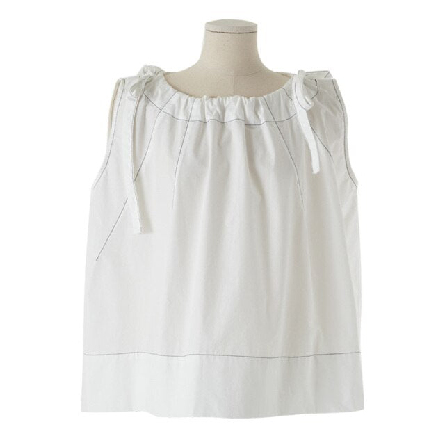 Design Sleeveless Shoulder Bow Sweet Women Blouse Simple Korean Japan Style O Neck Shirts Women Loose Elegant Soft Blusas Mujer
