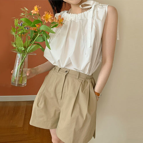 Design Sleeveless Shoulder Bow Sweet Women Blouse Simple Korean Japan Style O Neck Shirts Women Loose Elegant Soft Blusas Mujer