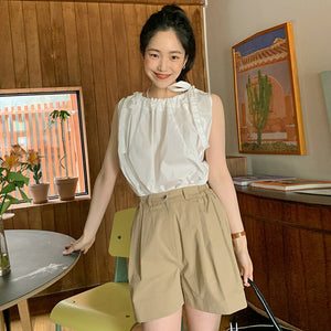 Design Sleeveless Shoulder Bow Sweet Women Blouse Simple Korean Japan Style O Neck Shirts Women Loose Elegant Soft Blusas Mujer