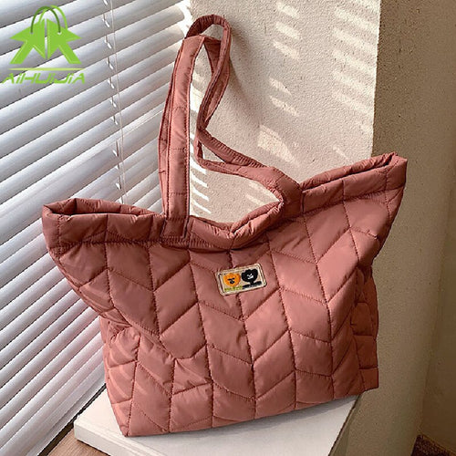 Designer Quilted Puff Big Shoulder Bag for Women 2022 New Casual High Capacity Handbag Female Space Cotton Tote Bag Winter Warm