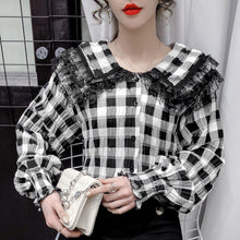 Load image into Gallery viewer, Doll Collar Plaid Lace Shirt New 2021 Spring Long Sleeve Women&#39;s Blouse Shirt Elegant Slim Office Lady Tops Blusas