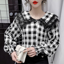 Load image into Gallery viewer, Doll Collar Plaid Lace Shirt New 2021 Spring Long Sleeve Women&#39;s Blouse Shirt Elegant Slim Office Lady Tops Blusas
