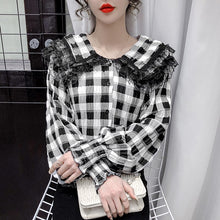 Load image into Gallery viewer, Doll Collar Plaid Lace Shirt New 2021 Spring Long Sleeve Women&#39;s Blouse Shirt Elegant Slim Office Lady Tops Blusas