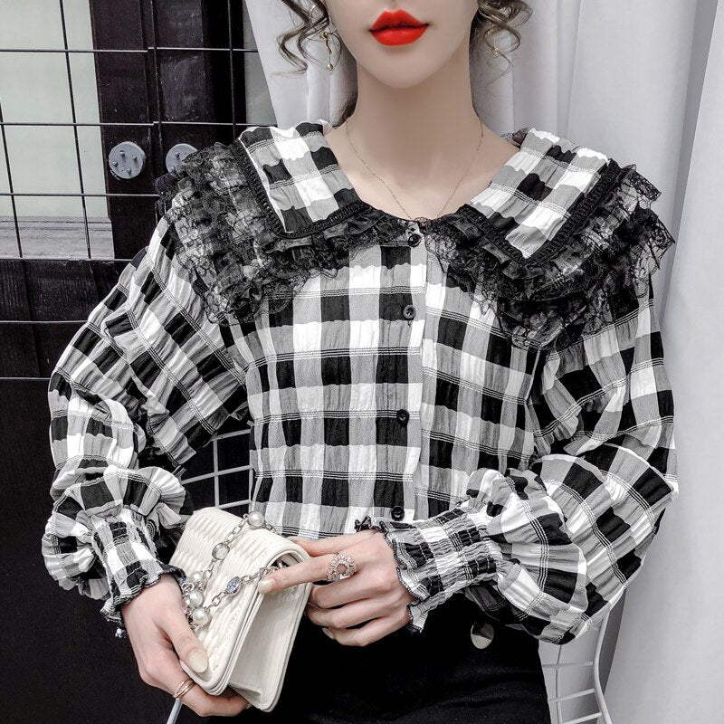 Doll Collar Plaid Lace Shirt New 2021 Spring Long Sleeve Women's Blouse Shirt Elegant Slim Office Lady Tops Blusas