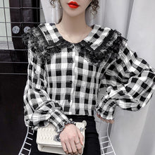 Load image into Gallery viewer, Doll Collar Plaid Lace Shirt New 2021 Spring Long Sleeve Women&#39;s Blouse Shirt Elegant Slim Office Lady Tops Blusas