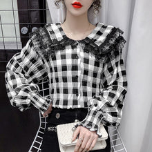 Load image into Gallery viewer, Doll Collar Plaid Lace Shirt New 2021 Spring Long Sleeve Women&#39;s Blouse Shirt Elegant Slim Office Lady Tops Blusas