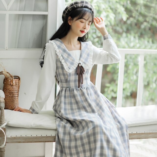 Doll Collar Sweet Plaid Retro Kawaii Dress Soft Girl Loli Style Dress Female Lovely College Style Dress Y2K Women Clothing 2021
