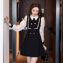 Load image into Gallery viewer, Double Breasted Long Sleeve Patchwork Party Mini Dresses Women Autumn Turndown Collar High Waist Fashion Slim Dress Female 2021